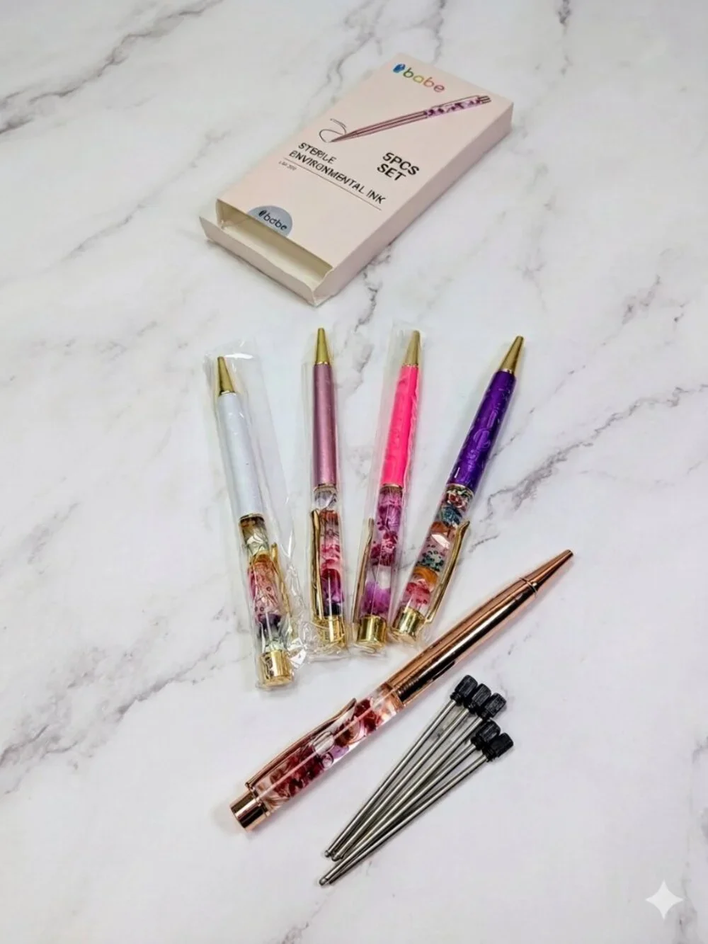 5pc Floating Floral Herbarium Pen Set Light Liquid Motion Cottagecore NEW